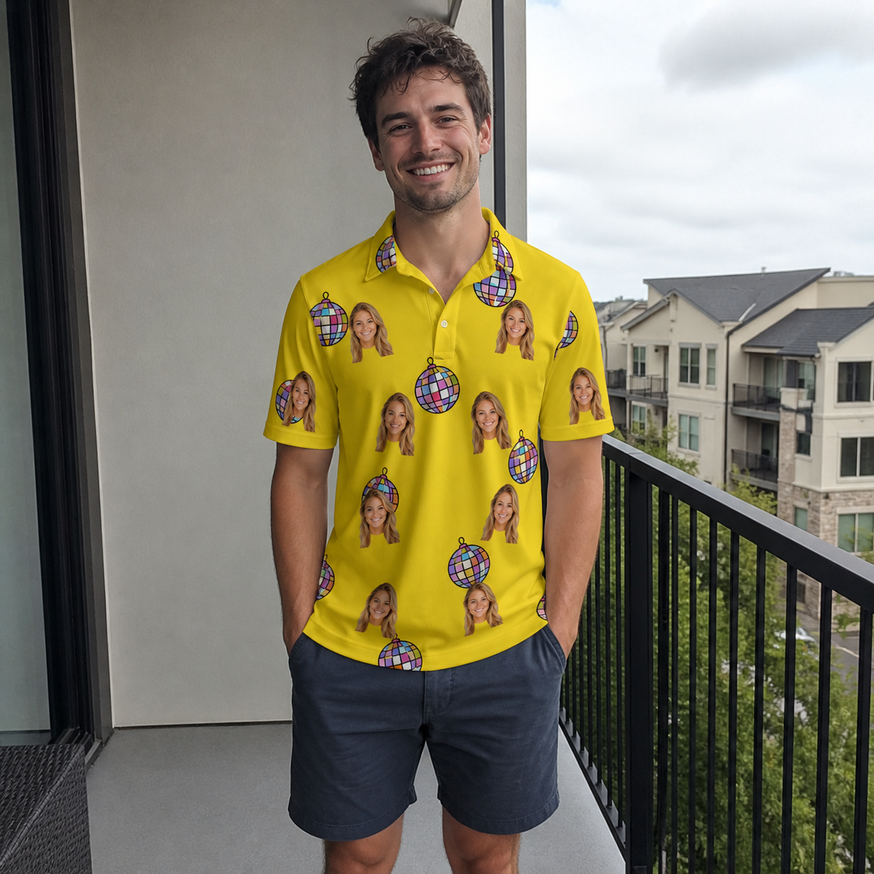 Real-life photo of someone wearing Men's Mirrorball Mischief Custom Face Polo Shirt — custom faces printed all-over