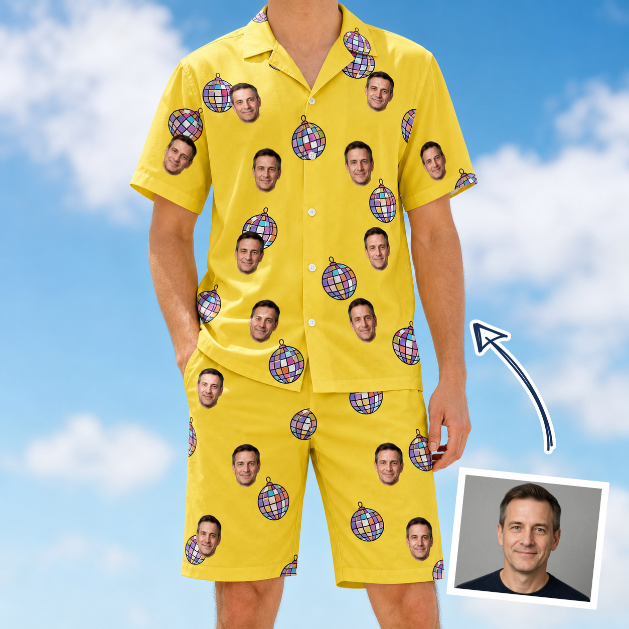 Man wearing Men's Mirrorball Mischief Custom Face Shirt & Shorts Set — custom faces printed all-over