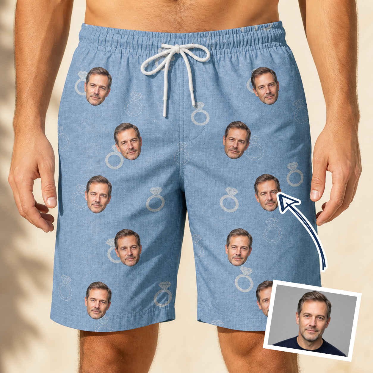 Man wearing Men's Carat Chaos Custom Face Beach Shorts — custom faces printed all-over