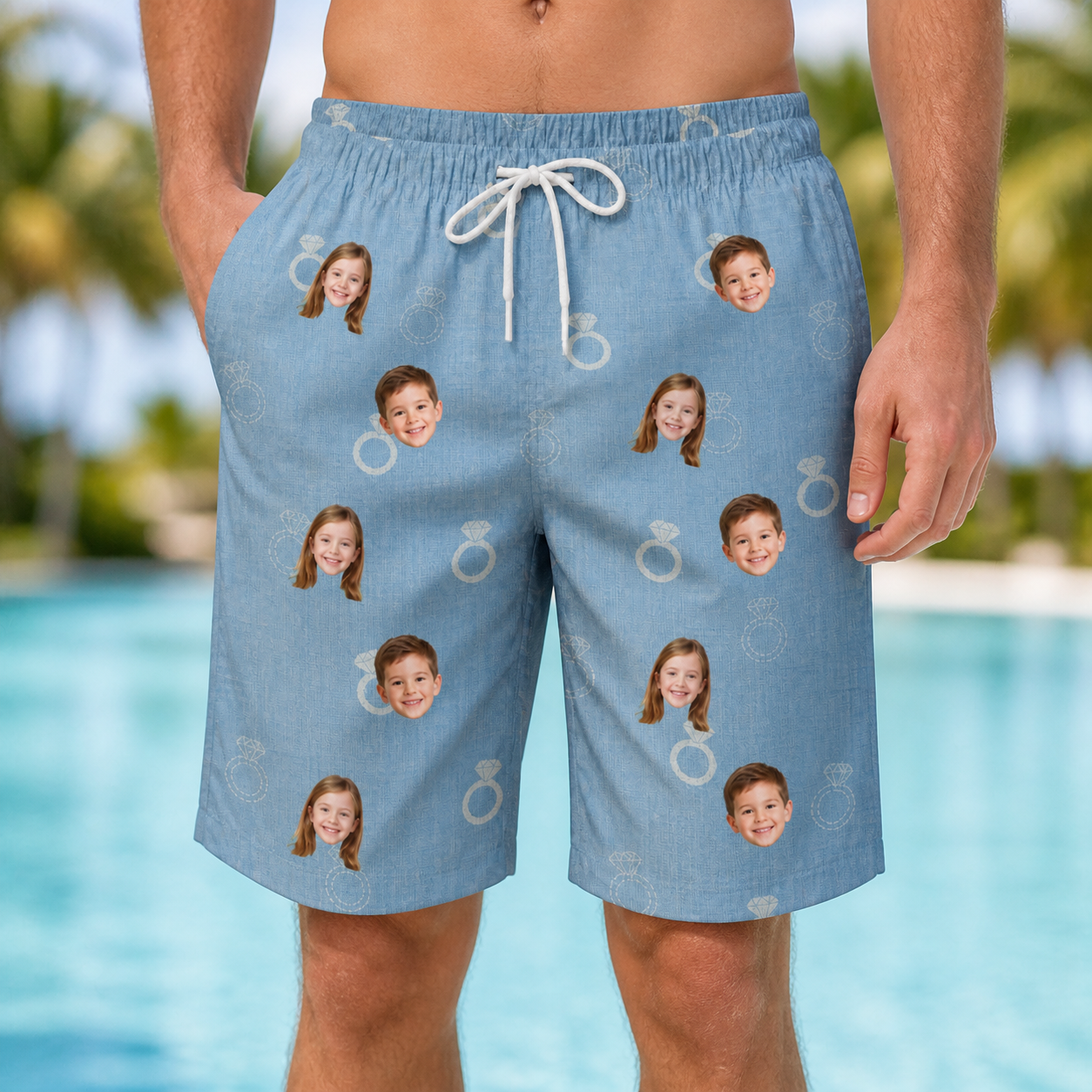 Model wearing Men's Carat Chaos Custom Face Beach Shorts printed with kids' faces