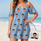 Woman wearing Women's Carat Chaos Custom Face Off-Shoulder Dress — custom faces printed all-over