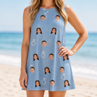 Model wearing Women's Carat Chaos Custom Face Tank Dress printed with kids' faces