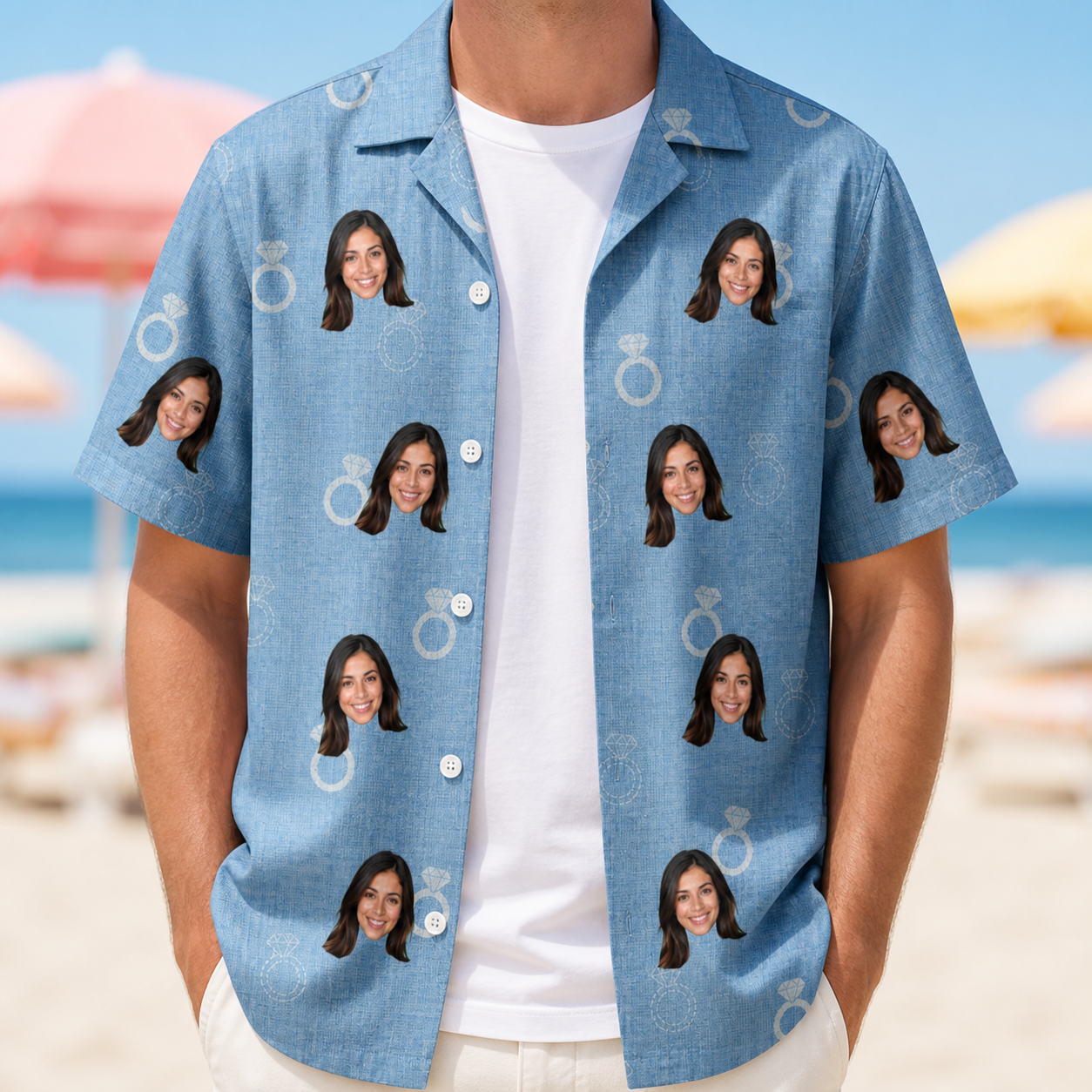 Man wearing Men's Carat Chaos Custom Face Hawaiian Shirt open over a white tee