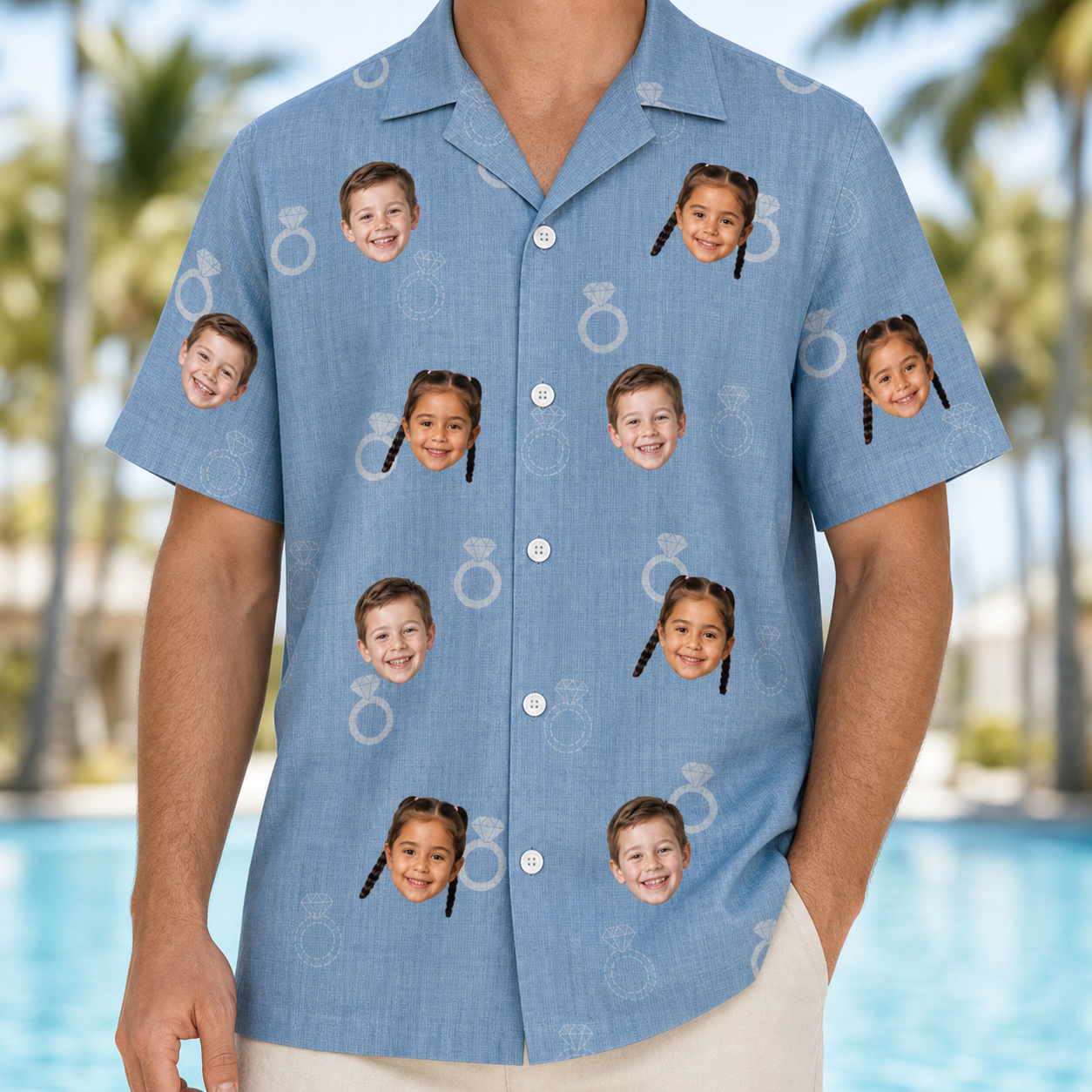 Model wearing Men's Carat Chaos Custom Face Hawaiian Shirt printed with kids' faces