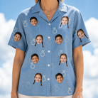 Model wearing Women's Carat Chaos Custom Face Hawaiian Shirt printed with kids' faces