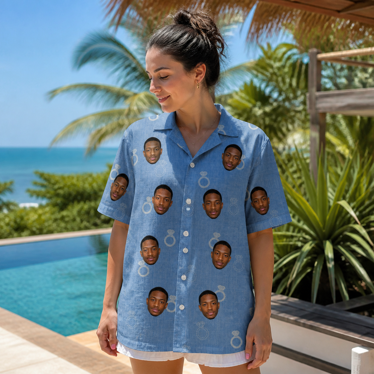 Real-life photo of someone wearing Women's Carat Chaos Custom Face Hawaiian Shirt — custom faces printed all-over