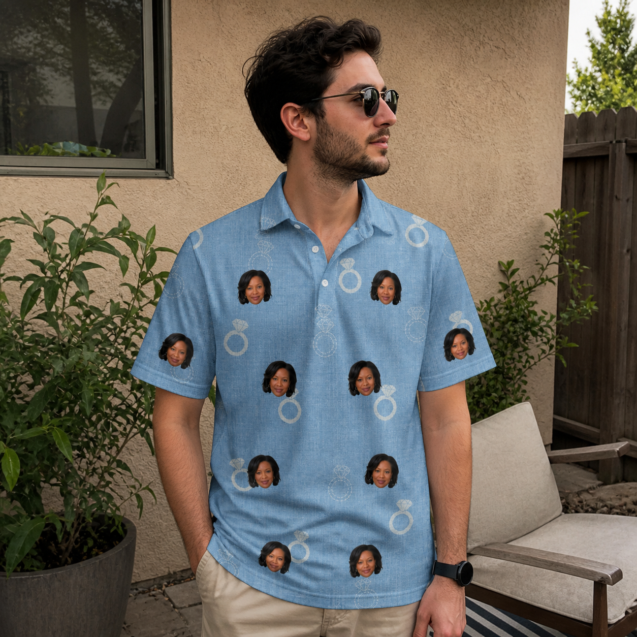 Real-life photo of someone wearing Men's Carat Chaos Custom Face Polo Shirt — custom faces printed all-over