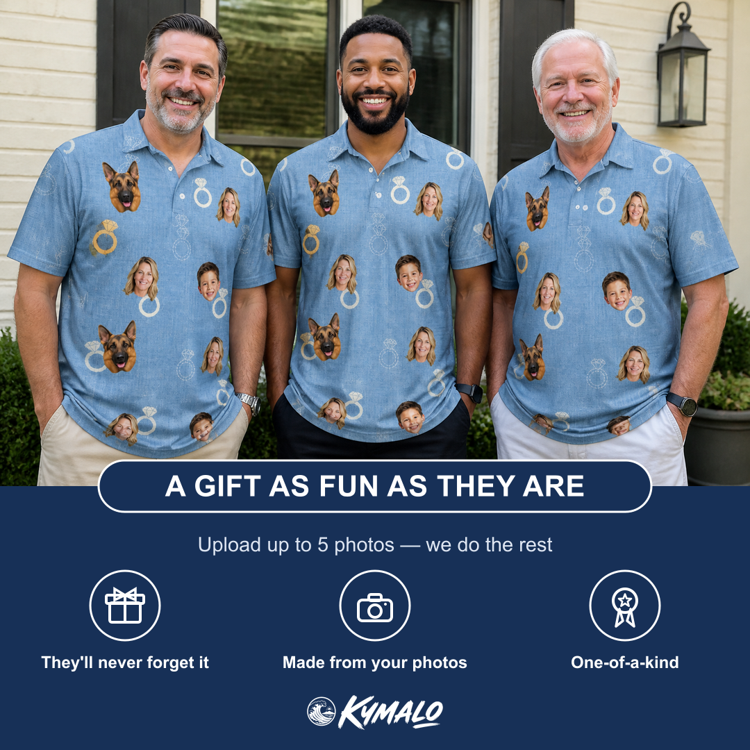 Friends in matching Men's Carat Chaos Custom Face Polo Shirt — a group gift photo