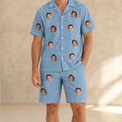 Model wearing Men's Carat Chaos Custom Face Shirt & Shorts Set printed with kids' faces