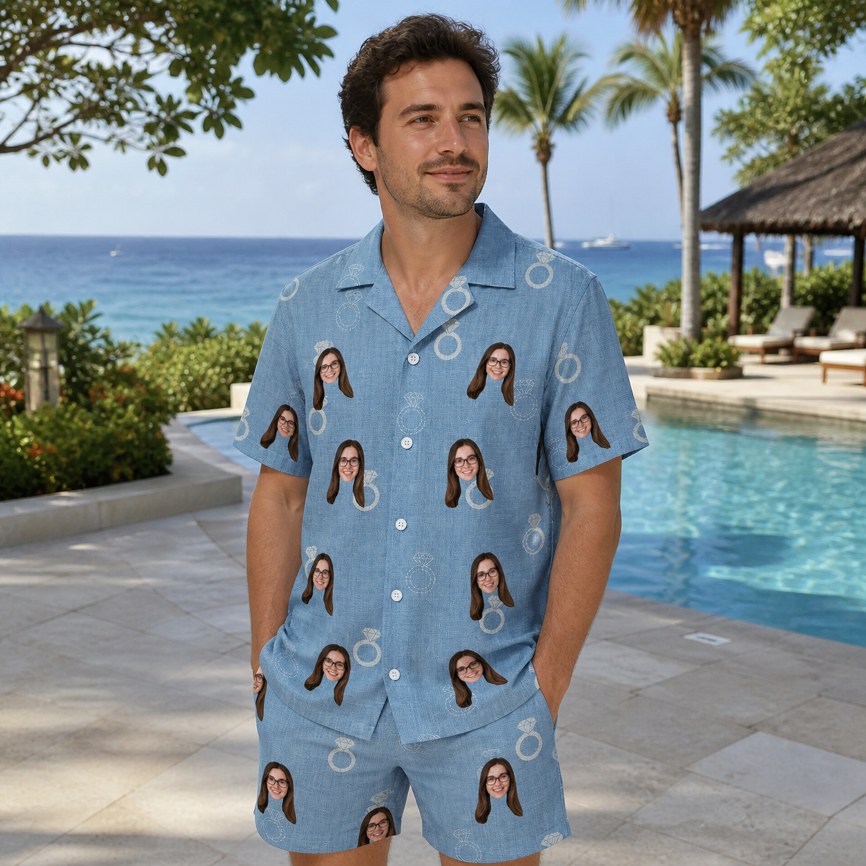Real-life photo of someone wearing Men's Carat Chaos Custom Face Shirt & Shorts Set — custom faces printed all-over