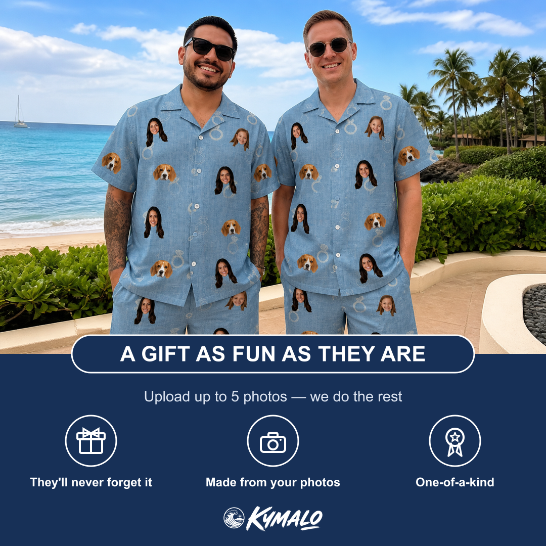 Friends in matching Men's Carat Chaos Custom Face Shirt & Shorts Set — a group gift photo
