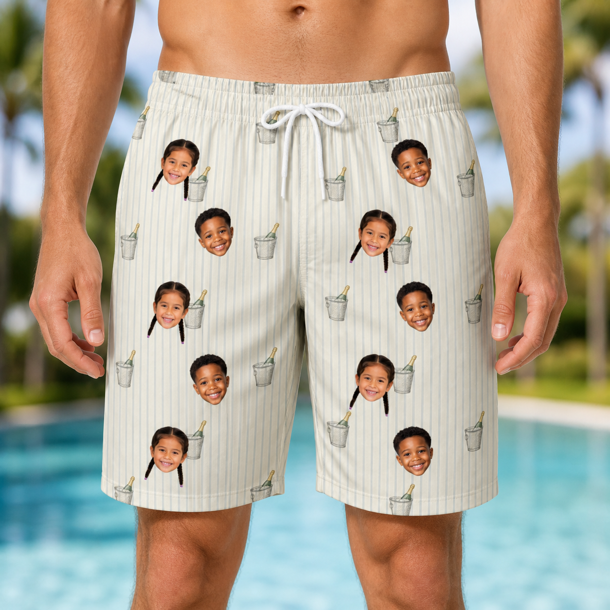 Model wearing Men's Proposal Pails Custom Face Beach Shorts printed with kids' faces