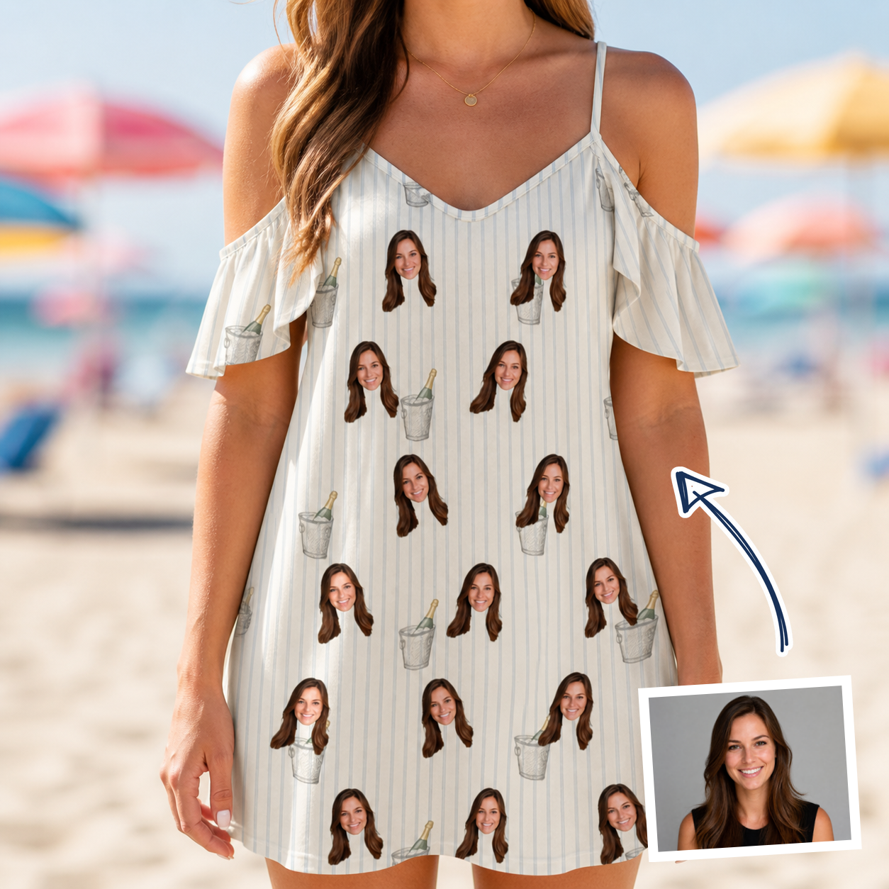 Woman wearing Women's Proposal Pails Custom Face Off-Shoulder Dress — custom faces printed all-over