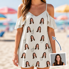 Woman wearing Women's Proposal Pails Custom Face Off-Shoulder Dress — custom faces printed all-over