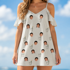 Model wearing Women's Proposal Pails Custom Face Off-Shoulder Dress printed with kids' faces
