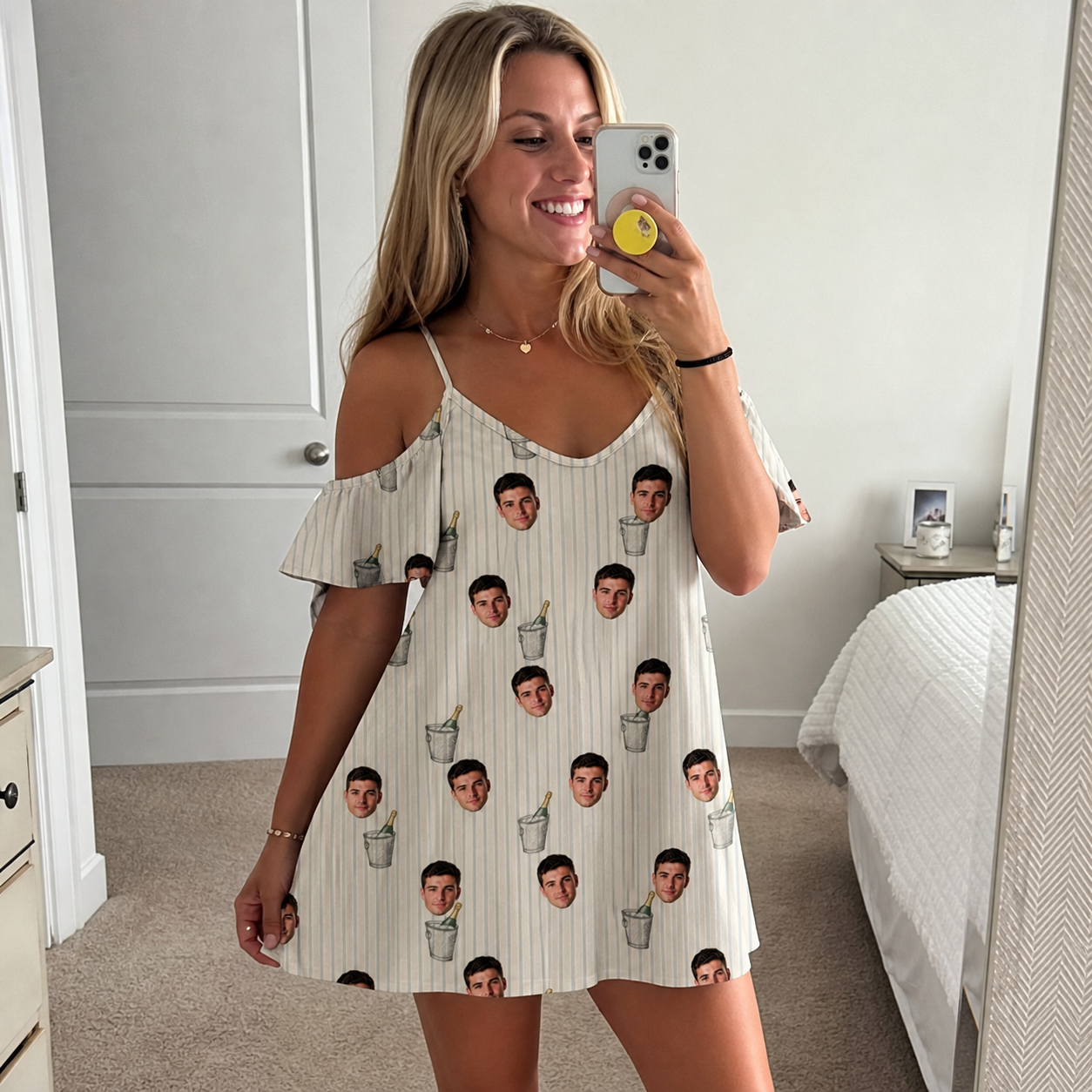 Real-life photo of someone wearing Women's Proposal Pails Custom Face Off-Shoulder Dress — custom faces printed all-over