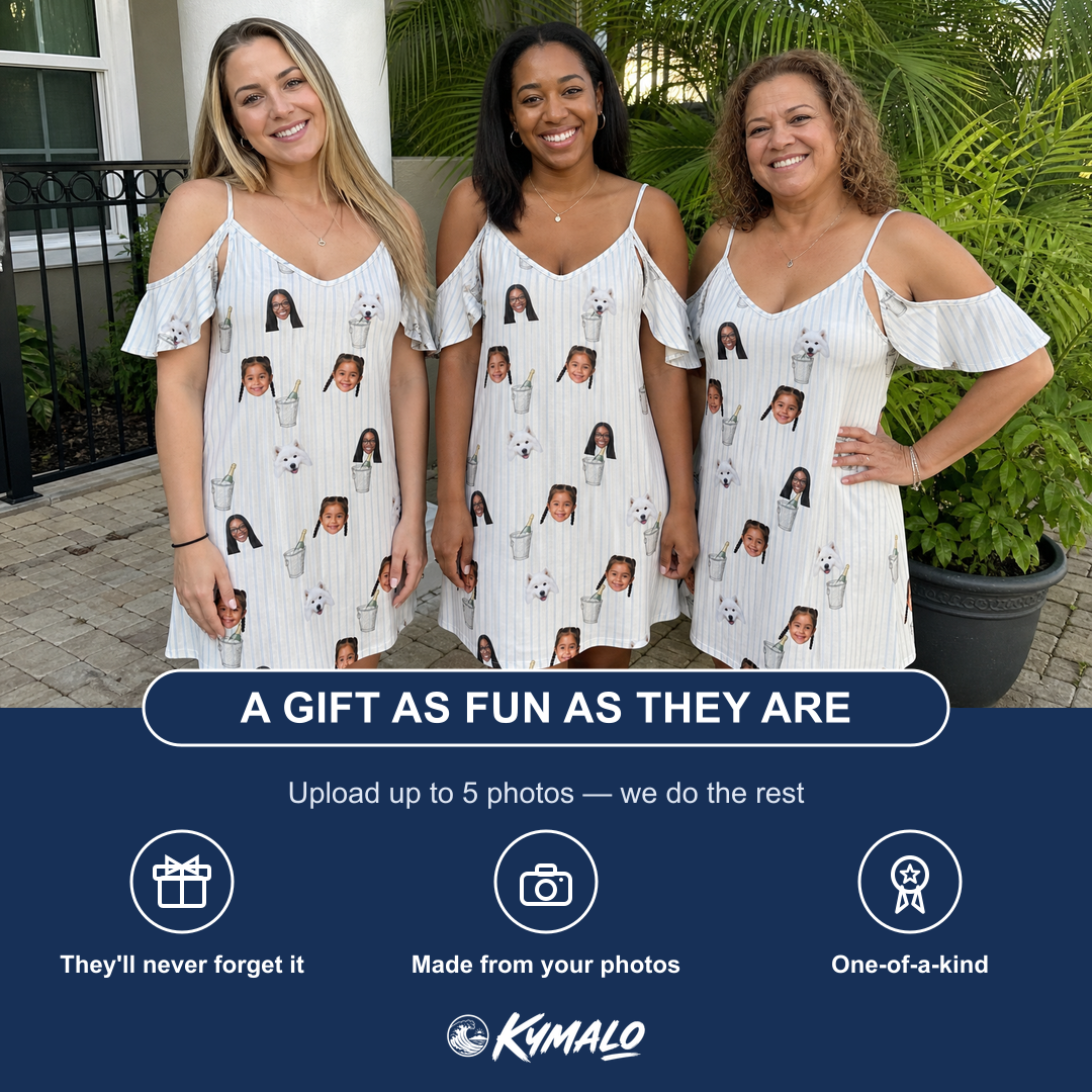 Friends in matching Women's Proposal Pails Custom Face Off-Shoulder Dress — a group gift photo