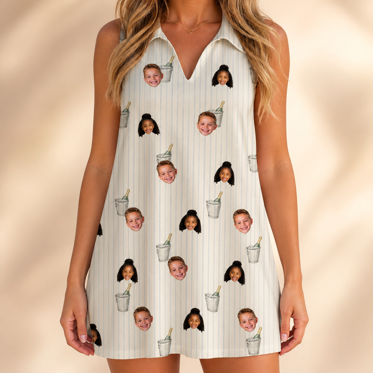 Model wearing Women's Proposal Pails Custom Face V-Neck Dress printed with kids' faces