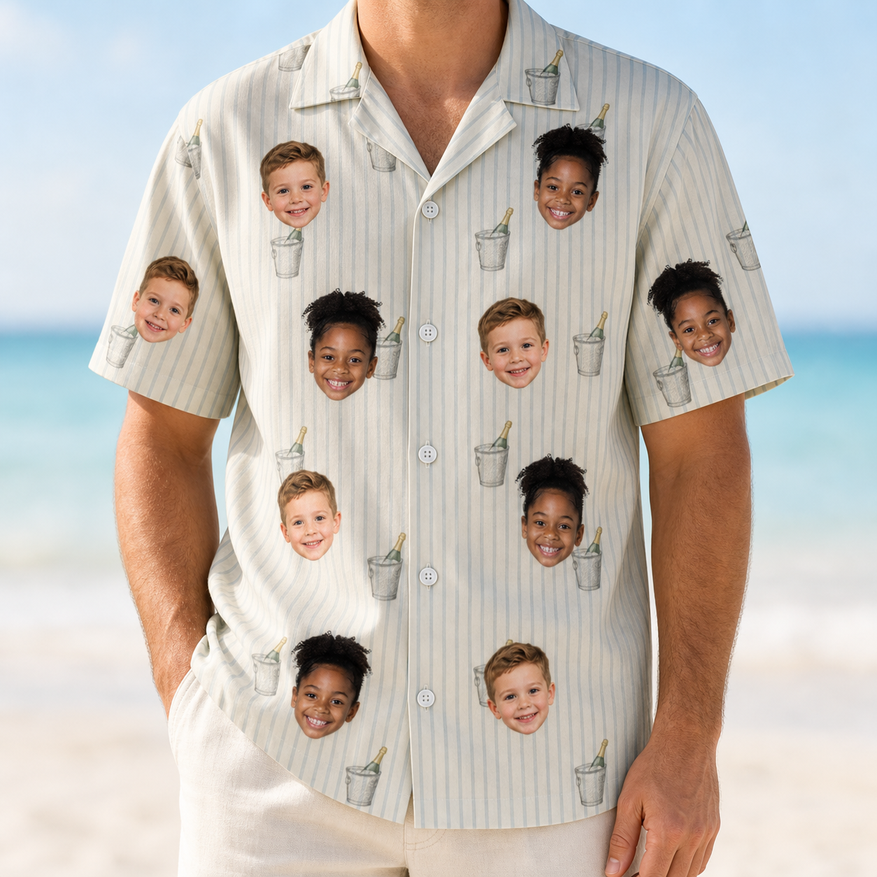 Model wearing Men's Proposal Pails Custom Face Hawaiian Shirt printed with kids' faces