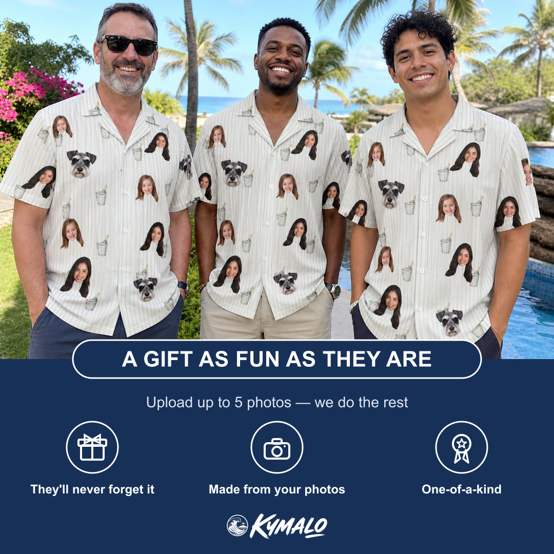 Friends in matching Men's Proposal Pails Custom Face Hawaiian Shirt — a group gift photo