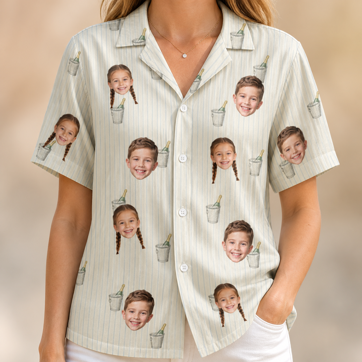 Model wearing Women's Proposal Pails Custom Face Hawaiian Shirt printed with kids' faces