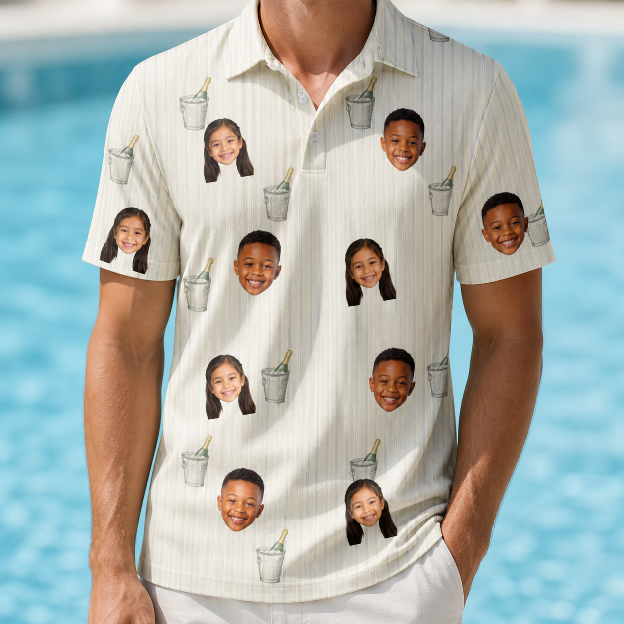 Model wearing Men's Proposal Pails Custom Face Polo Shirt printed with kids' faces