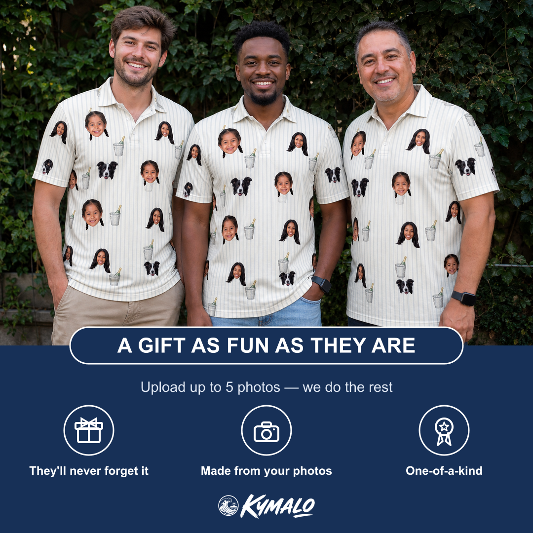 Friends in matching Men's Proposal Pails Custom Face Polo Shirt — a group gift photo