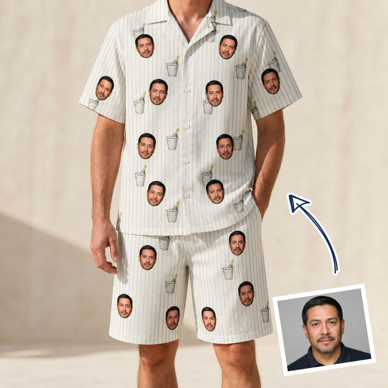 Man wearing Men's Proposal Pails Custom Face Shirt & Shorts Set — custom faces printed all-over