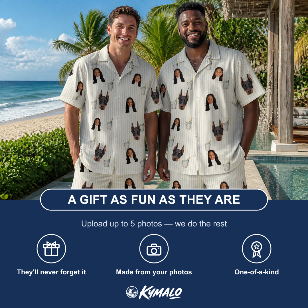 Friends in matching Men's Proposal Pails Custom Face Shirt & Shorts Set — a group gift photo