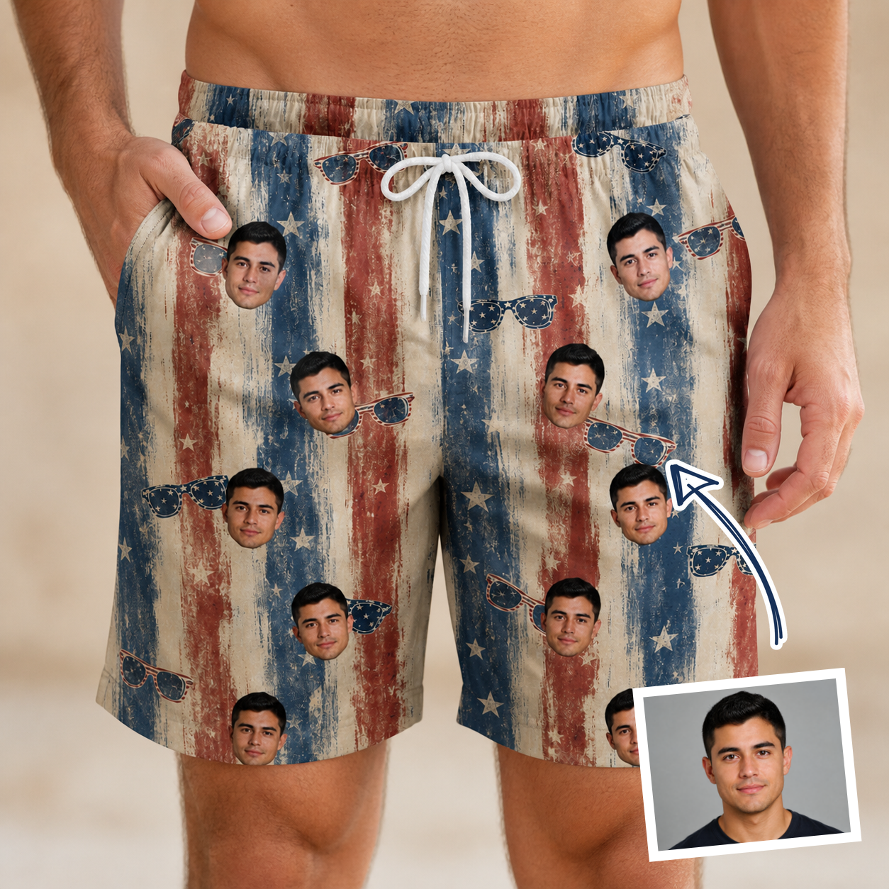 Man wearing Men's Glam Goggles Custom Face Beach Shorts — custom faces printed all-over