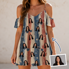 Woman wearing Women's Glam Goggles Custom Face Off-Shoulder Dress — custom faces printed all-over