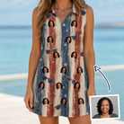Woman wearing Women's Glam Goggles Custom Face V-Neck Dress — custom faces printed all-over