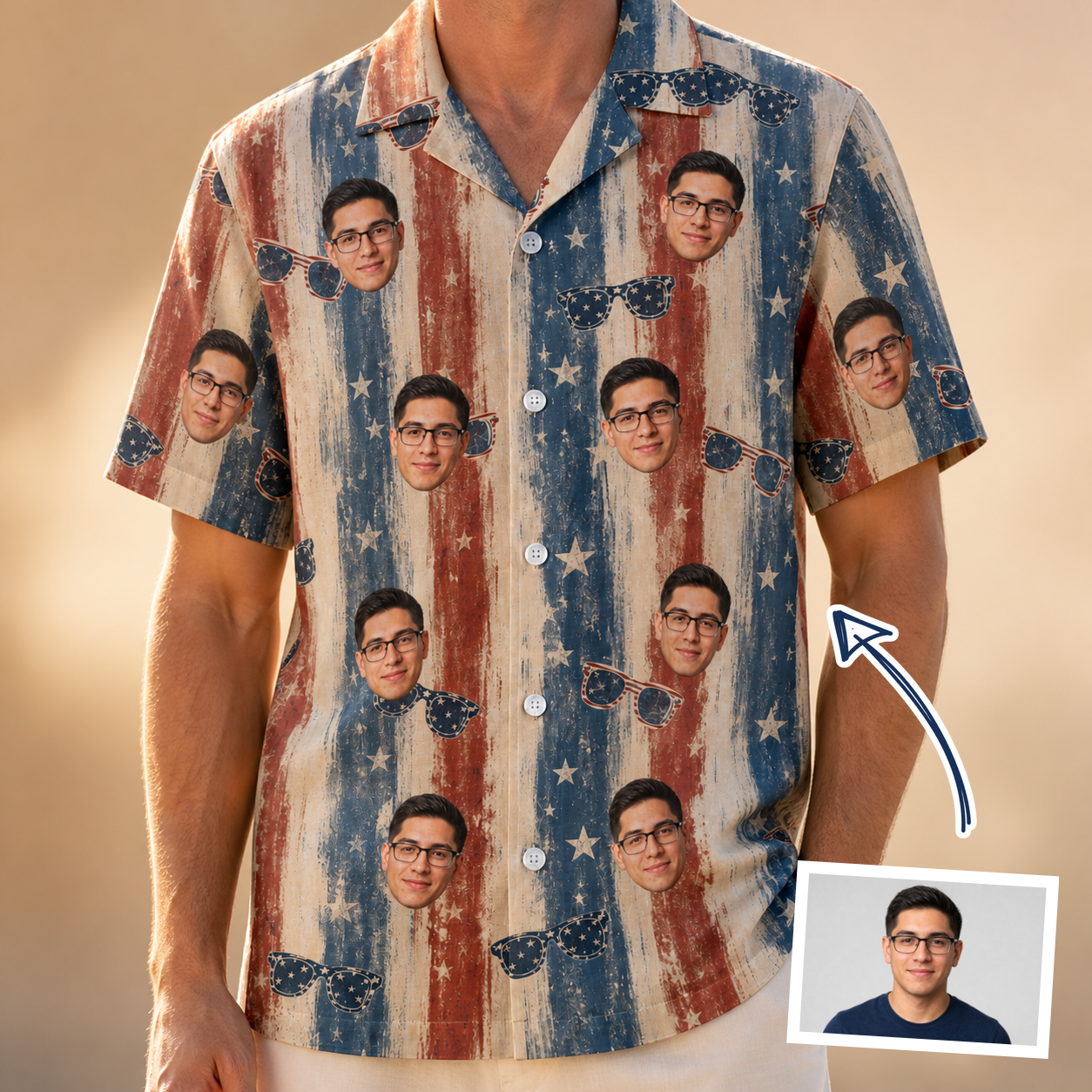 Man wearing Men's Glam Goggles Custom Face Hawaiian Shirt — custom faces printed all-over