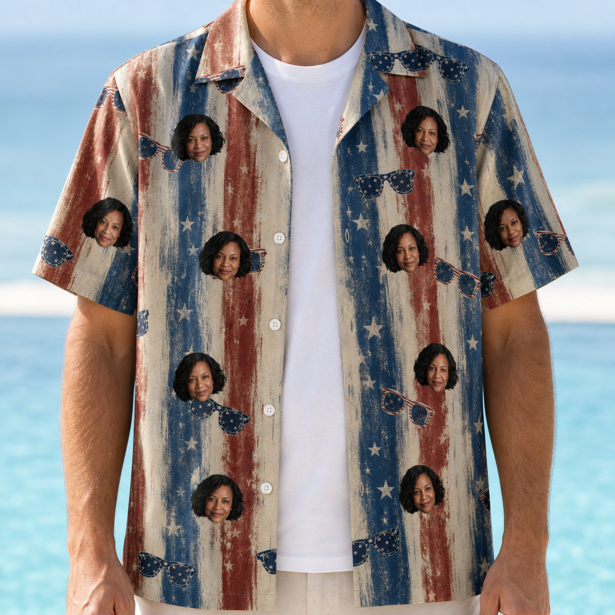Man wearing Men's Glam Goggles Custom Face Hawaiian Shirt open over a white tee
