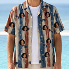 Man wearing Men's Glam Goggles Custom Face Hawaiian Shirt open over a white tee