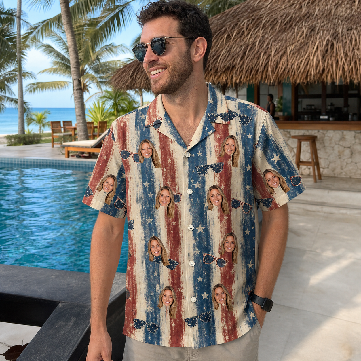 Real-life photo of someone wearing Men's Glam Goggles Custom Face Hawaiian Shirt — custom faces printed all-over