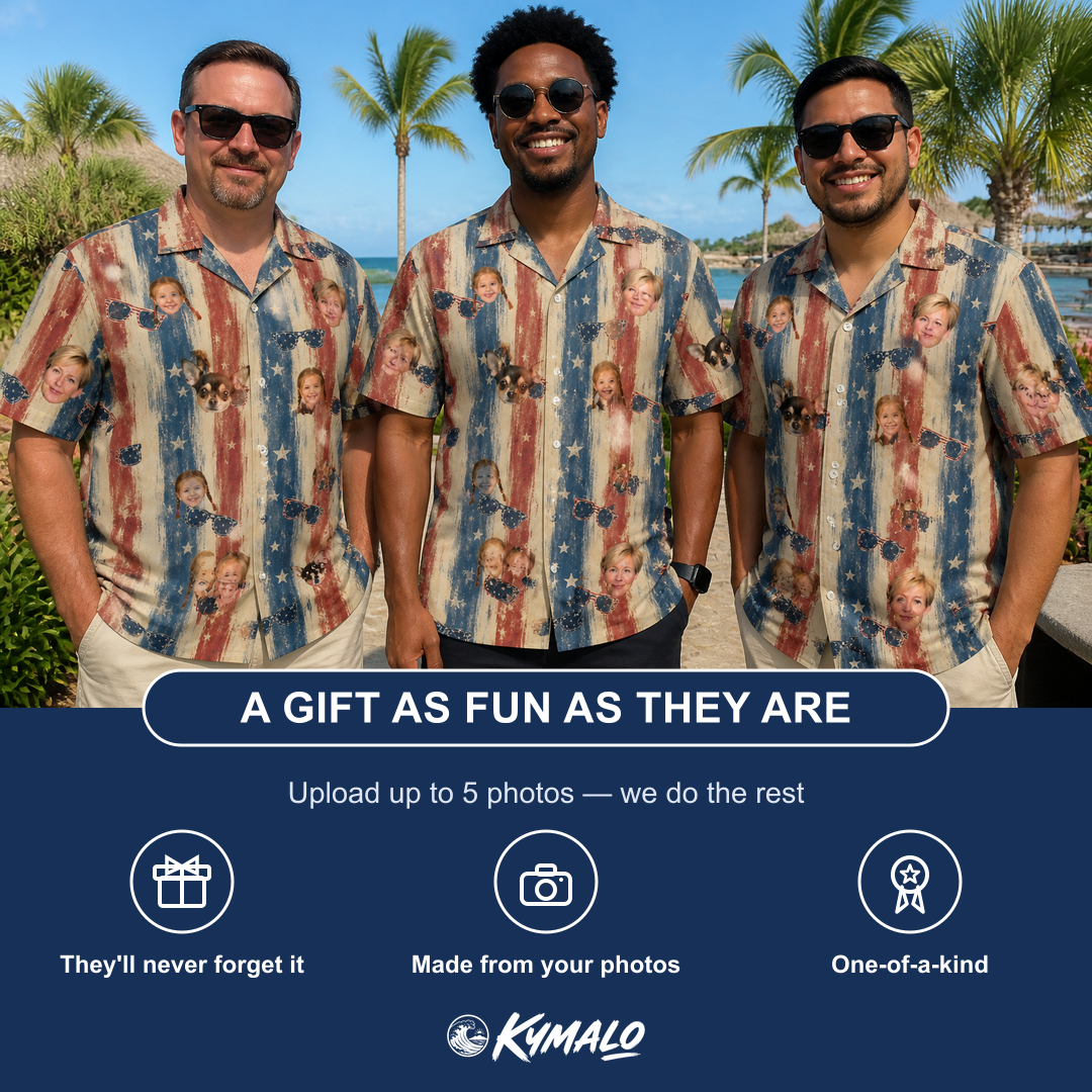 Friends in matching Men's Glam Goggles Custom Face Hawaiian Shirt — a group gift photo