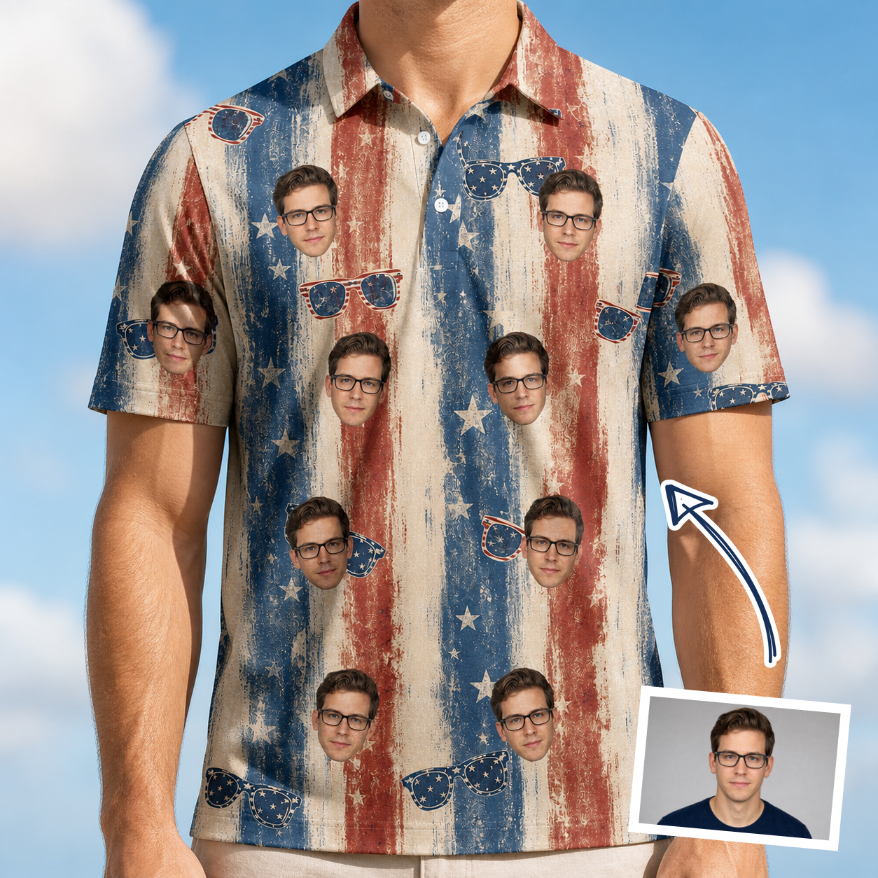 Man wearing Men's Glam Goggles Custom Face Polo Shirt — custom faces printed all-over