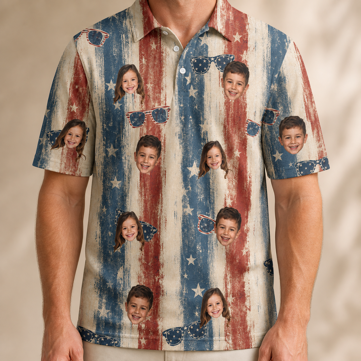 Model wearing Men's Glam Goggles Custom Face Polo Shirt printed with kids' faces