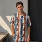 Real-life photo of someone wearing Men's Glam Goggles Custom Face Polo Shirt — custom faces printed all-over