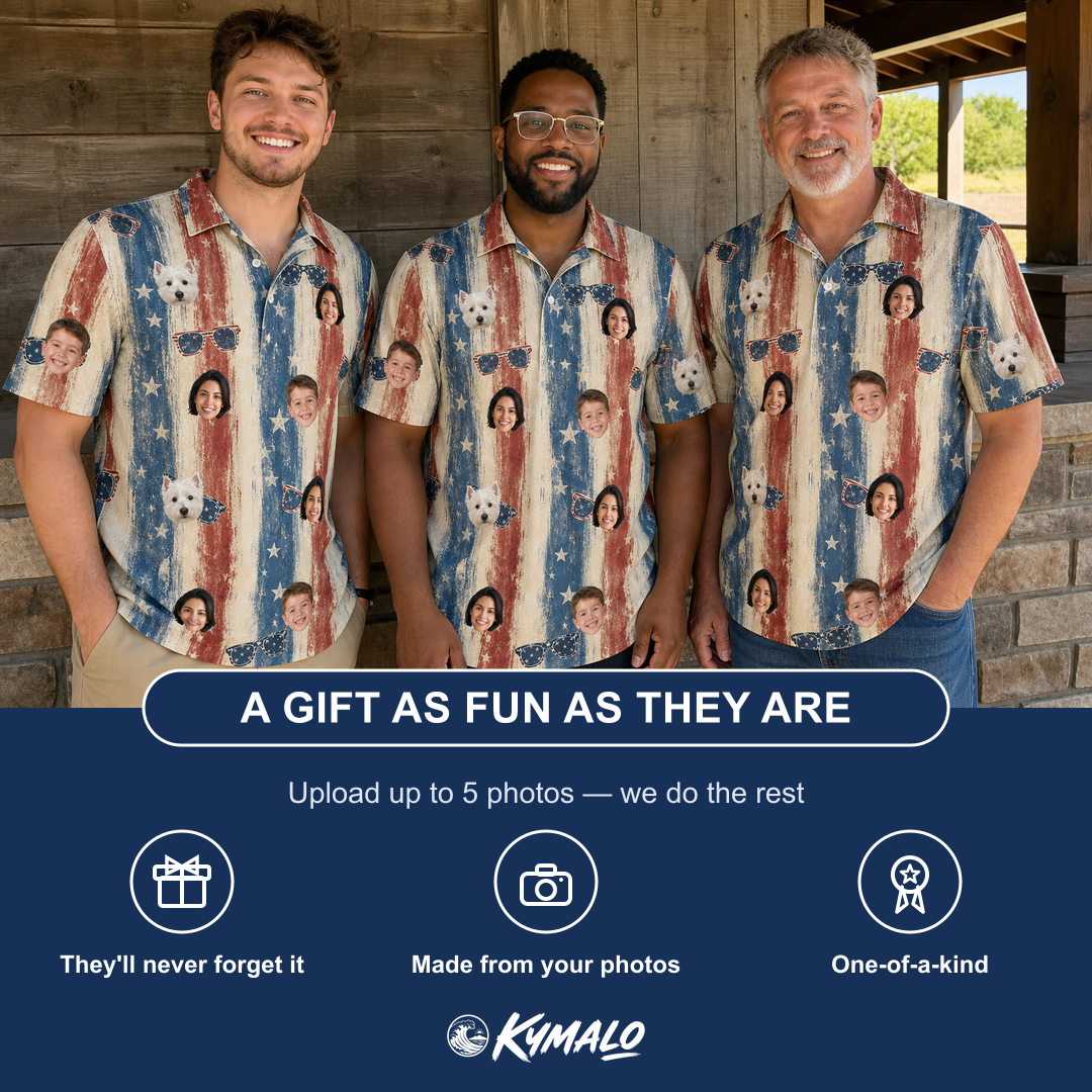Friends in matching Men's Glam Goggles Custom Face Polo Shirt — a group gift photo