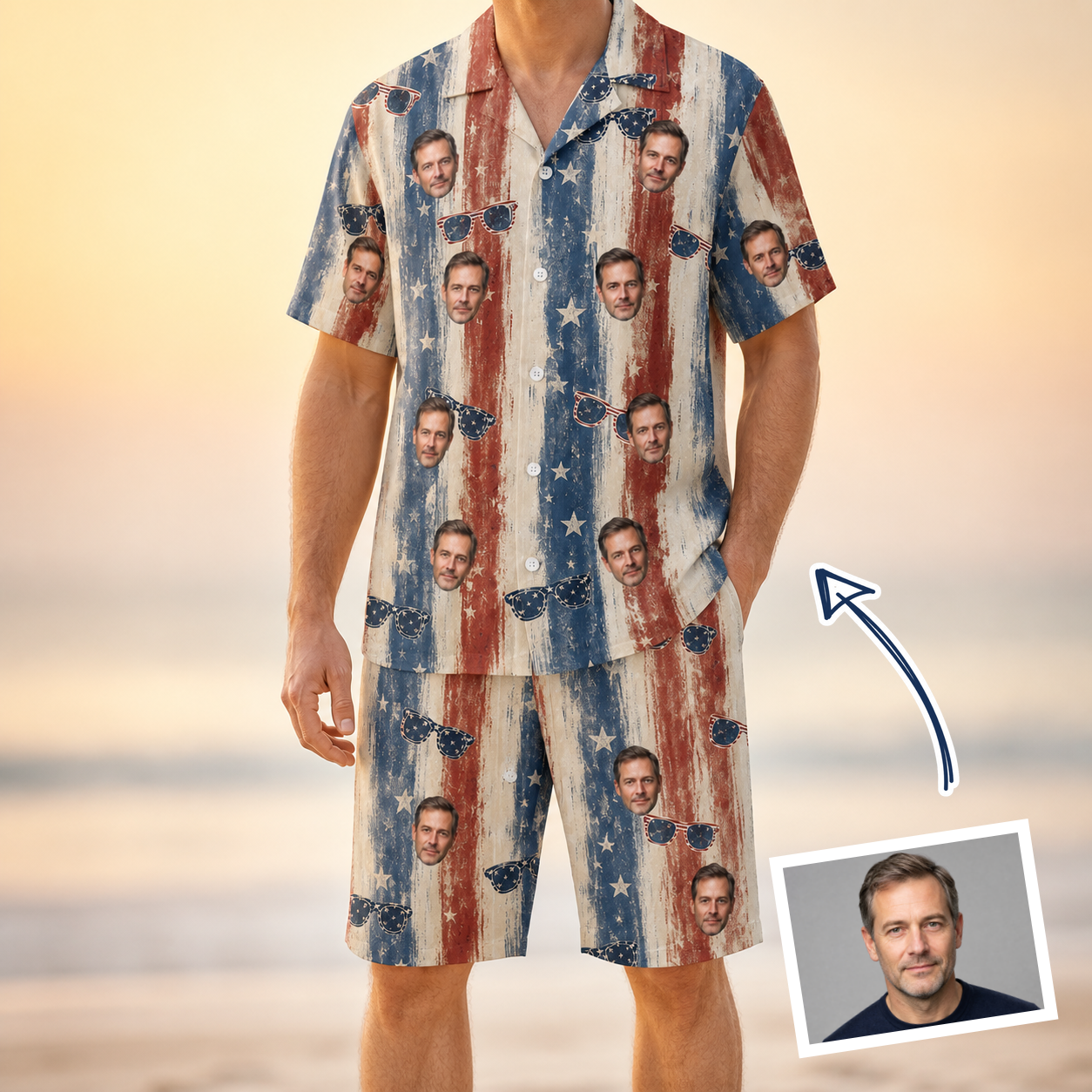 Man wearing Men's Glam Goggles Custom Face Shirt & Shorts Set — custom faces printed all-over