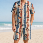 Model wearing Men's Glam Goggles Custom Face Shirt & Shorts Set printed with kids' faces