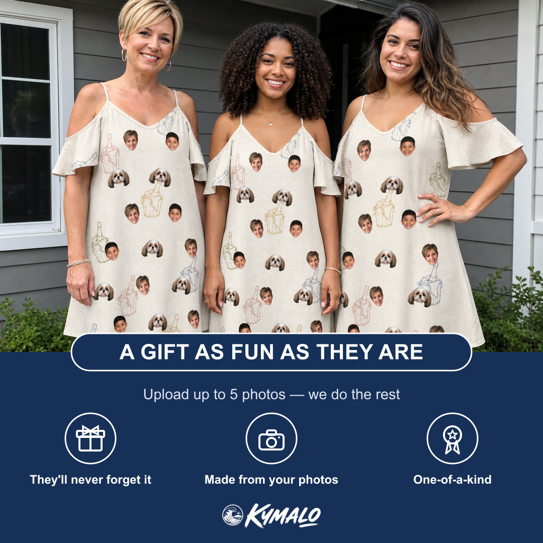 Friends in matching Women's Toast Tiaras Custom Face Off-Shoulder Dress — a group gift photo