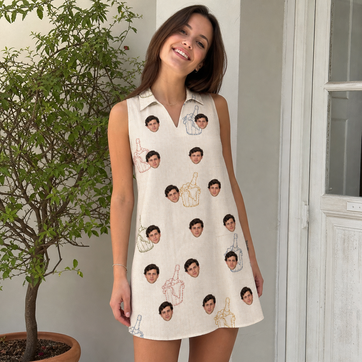 Real-life photo of someone wearing Women's Toast Tiaras Custom Face V-Neck Dress — custom faces printed all-over