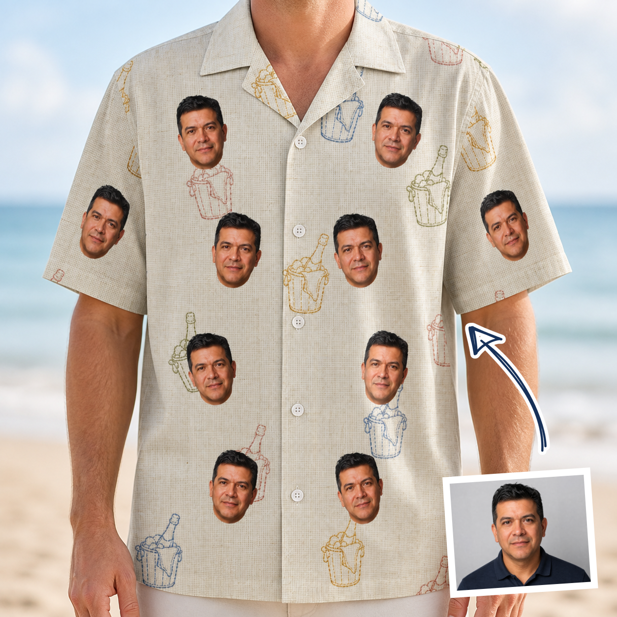 Man wearing Men's Toast Tiaras Custom Face Hawaiian Shirt — custom faces printed all-over