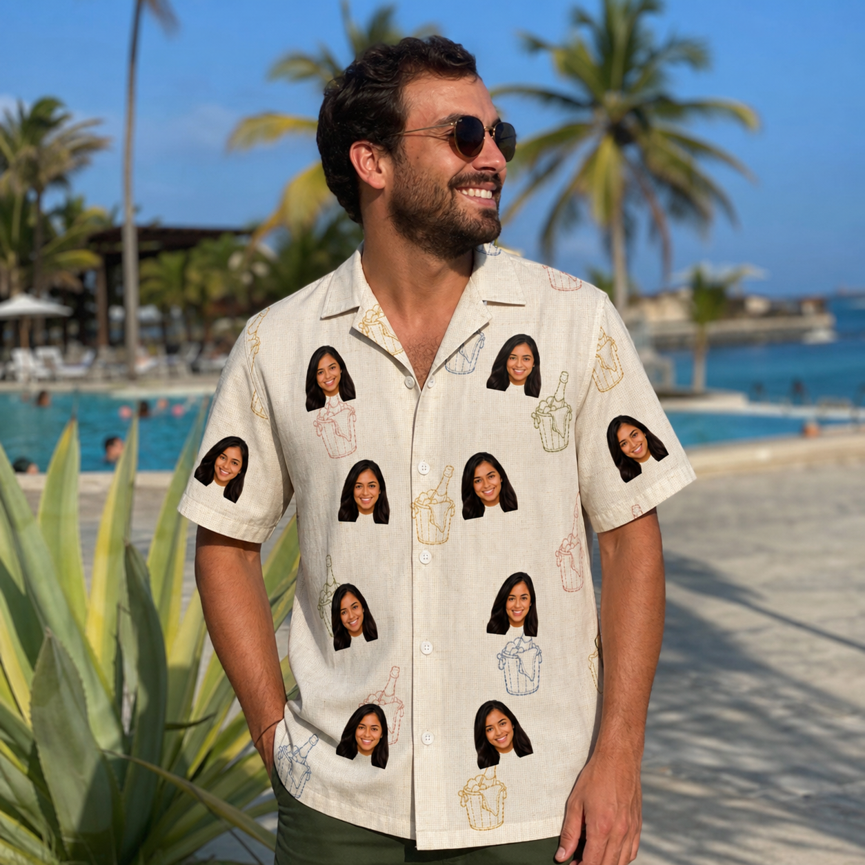 Real-life photo of someone wearing Men's Toast Tiaras Custom Face Hawaiian Shirt — custom faces printed all-over