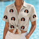 Woman wearing Women's Toast Tiaras Custom Face Hawaiian Shirt tied at the waist