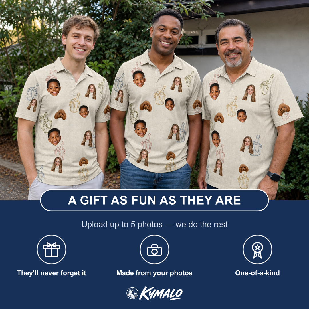 Friends in matching Men's Toast Tiaras Custom Face Polo Shirt — a group gift photo