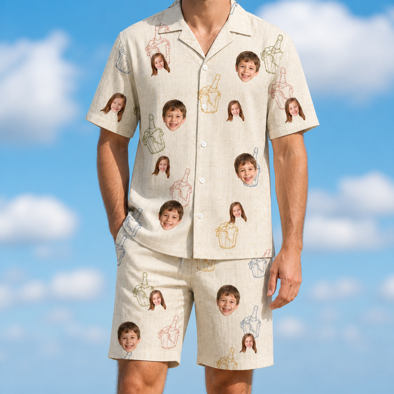 Model wearing Men's Toast Tiaras Custom Face Shirt & Shorts Set printed with kids' faces
